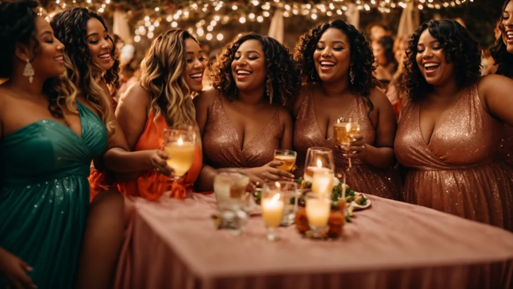 a group of joyful women in vibrant plus-size party dresses toast under shimmering party lights.
