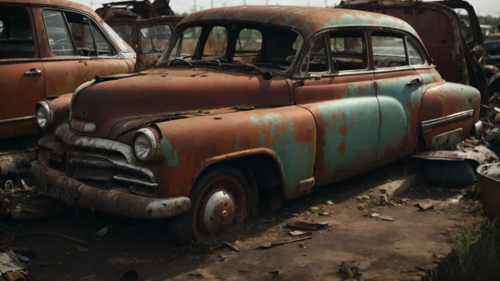 a rusty, abandoned car sits in a scrapyard, awaiting recycling.