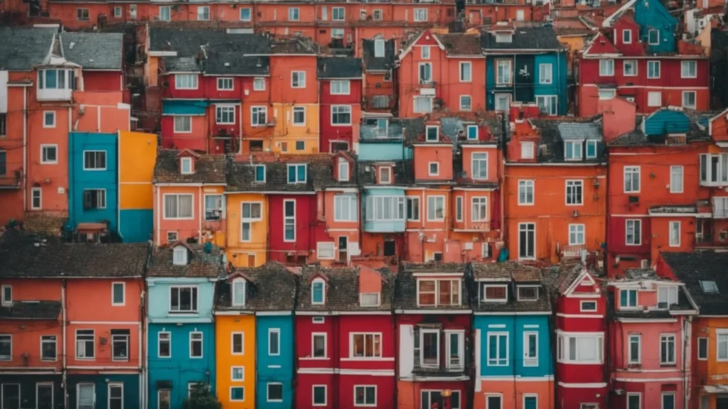 a stack of colorful houses and buildings with a magnifying glass hovering over them.