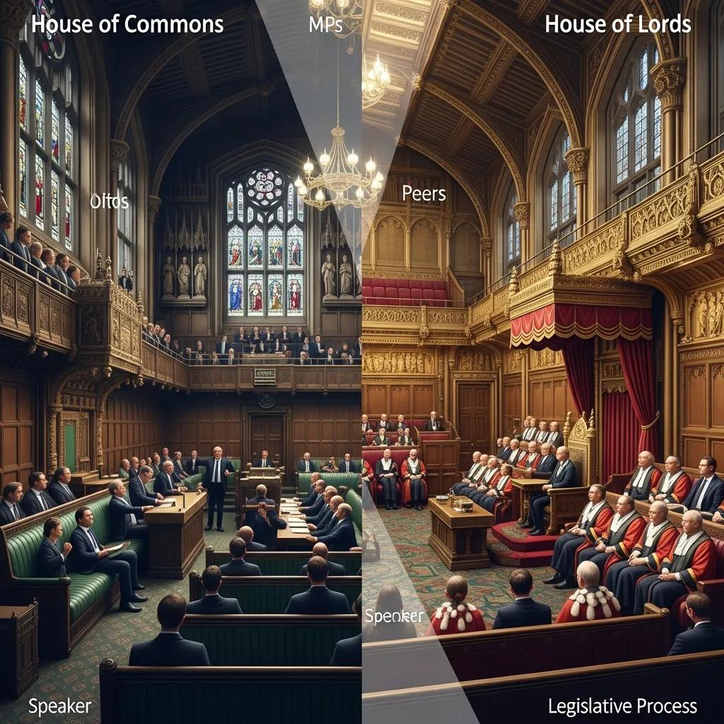 Interior view of UK Parliament showing Commons and Lords in session