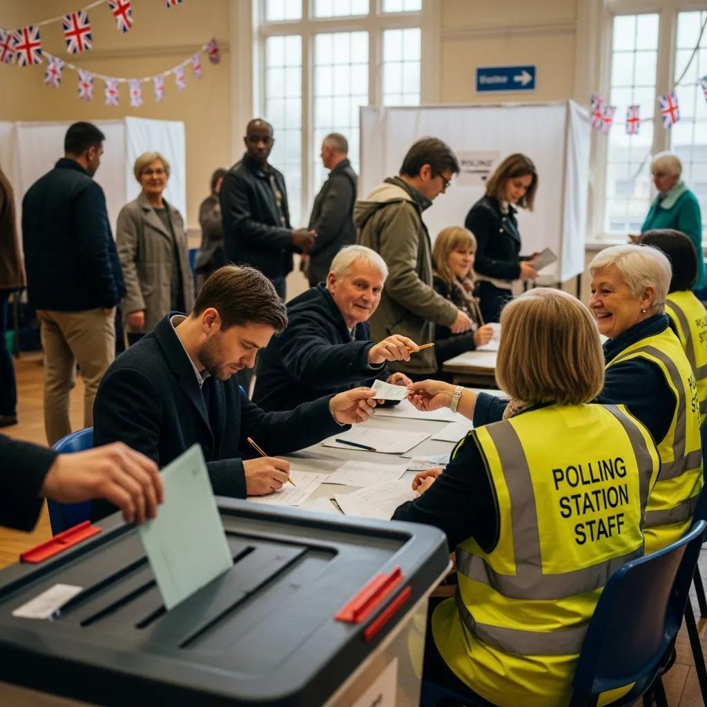 Voters participating in UK elections at a polling station