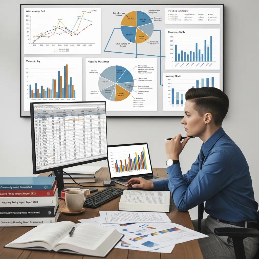 Researcher analyzing data on housing policy outcomes with charts and reports